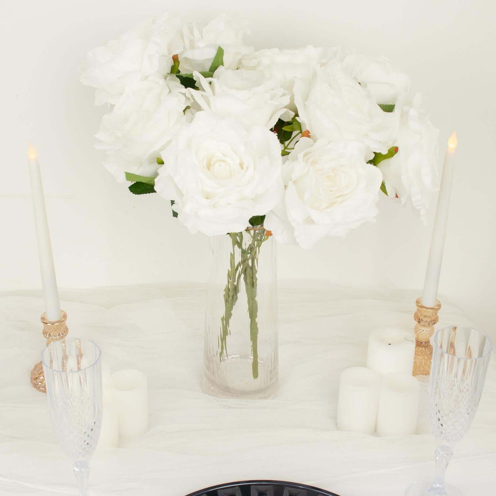 2 Bushes 17" White Premium Silk Jumbo Rose Flower Bouquet, High Quality Artificial Wedding Floral Arrangements