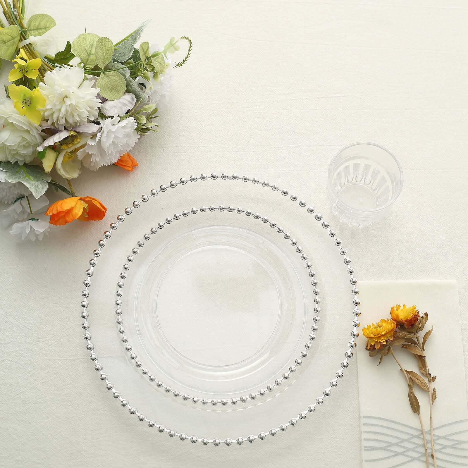 10-Pack Clear Plastic Dessert Plates â€“ 8" Round with Silver Beaded Rim, Disposable for Parties & Events