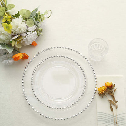 10-Pack Clear Plastic Dessert Plates â€“ 8" Round with Silver Beaded Rim, Disposable for Parties & Events