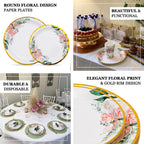 25-Pack Paper 7" Round Dessert Plates in White with Peony Floral Design & Gold Rim - Disposable Floral Salad Appetizer Plates for Brunches & Afternoon Teas