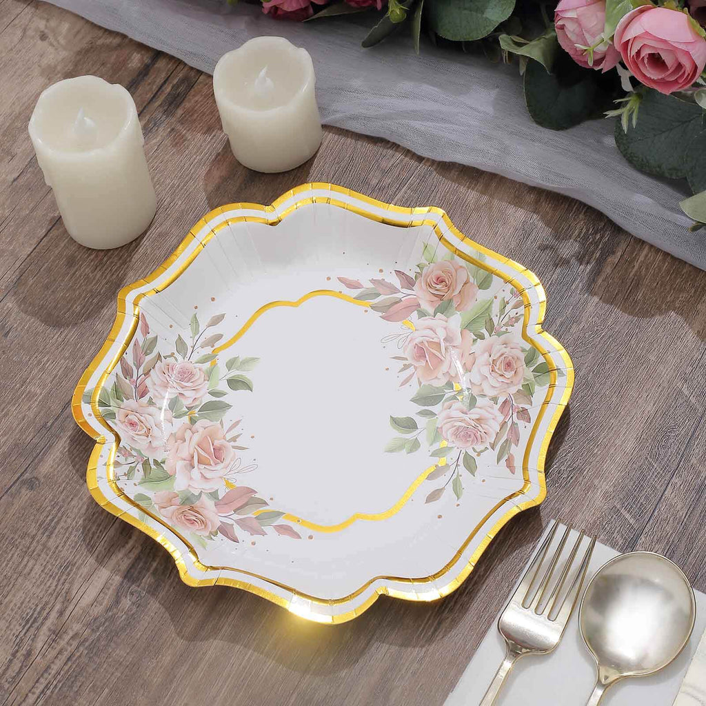 25-Pack Paper 8" Dessert Plates in White with Floral Print & Gold Scallop Rim - Disposable 300GSM Appetizer Salad Plates for Cocktail Events & Receptions