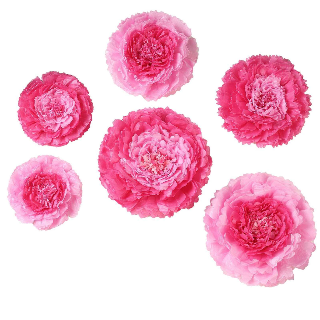 Set of 6 Pink Fuchsia Carnation 3D Paper Flowers Wall Decor - 7",9",11"