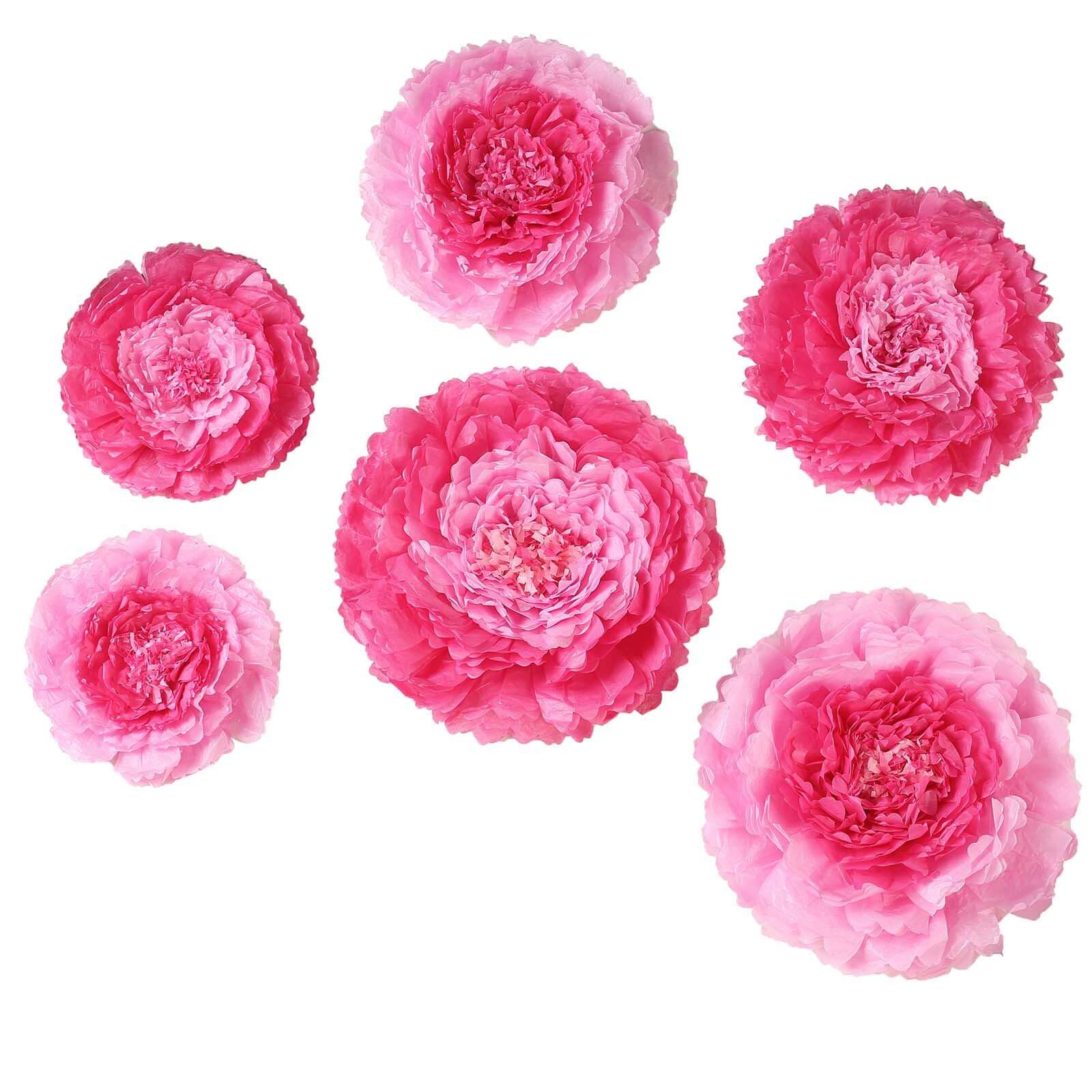 Set of 6 Pink Fuchsia Carnation 3D Paper Flowers Wall Decor - 7",9",11"