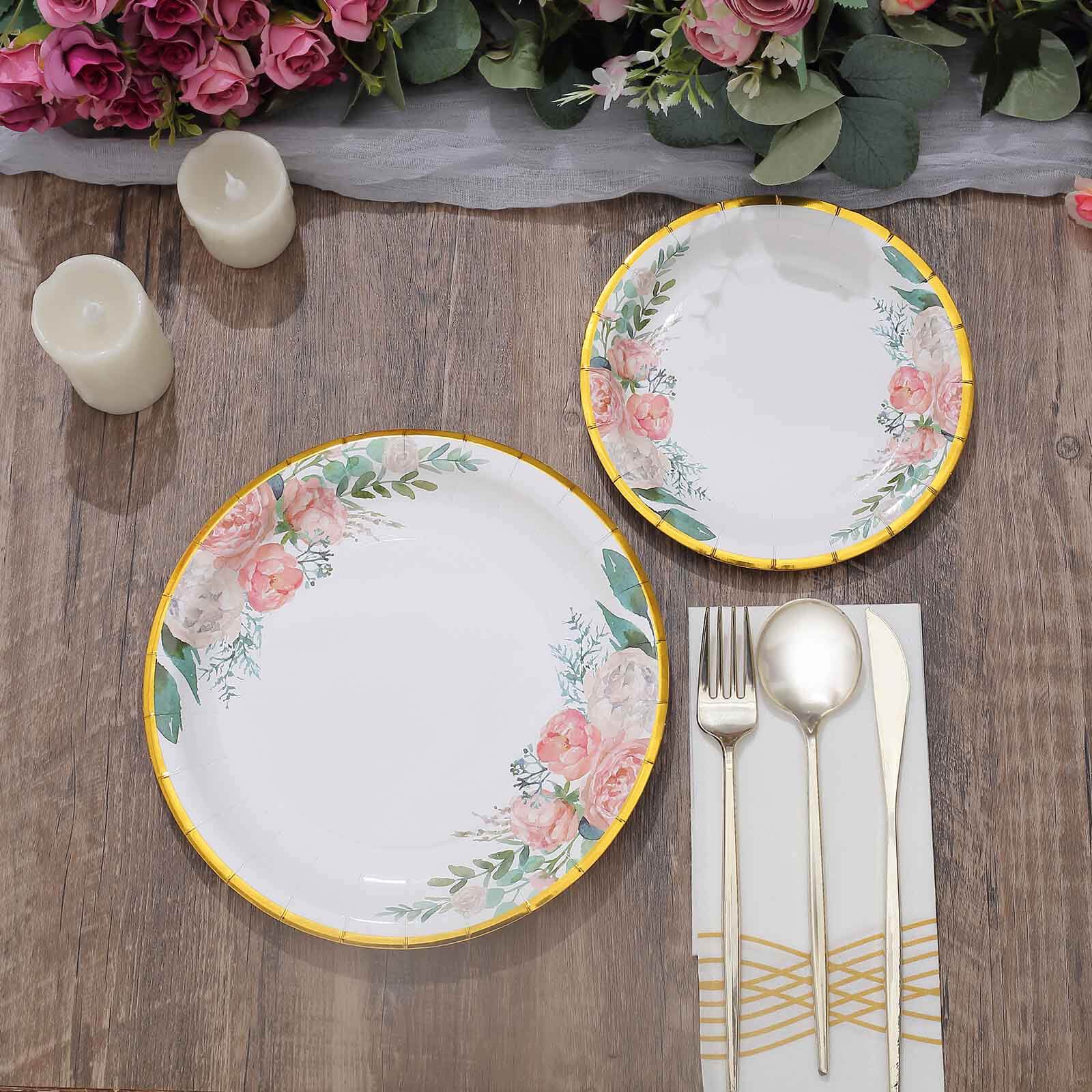 25-Pack Paper 9" Round Dinner Plates White with Peony Floral Design & Gold Rim - Disposable Floral Party Plates for Brunches & Afternoon Teas