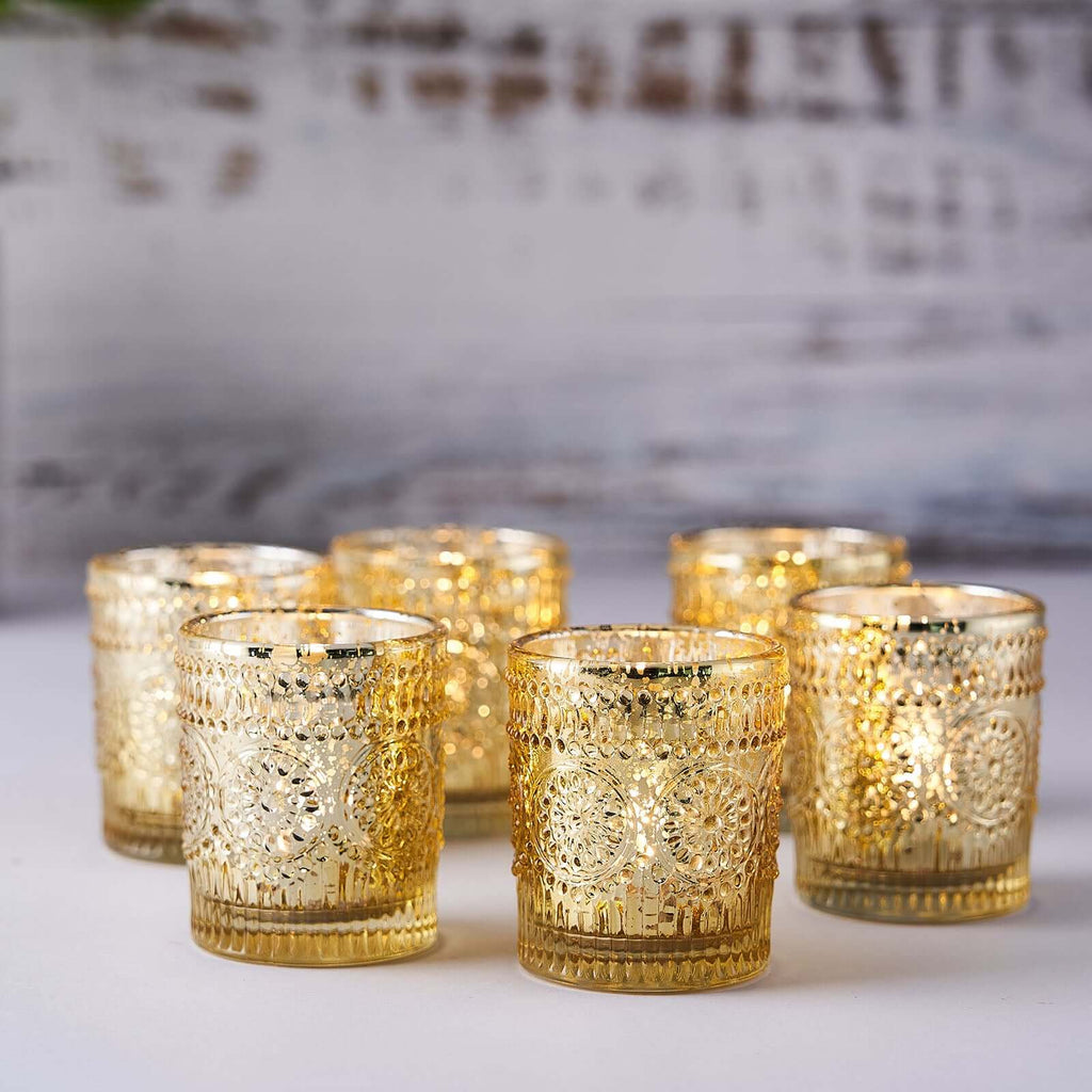 6-Pack Gold Glass Votive Tealight Holders - Stylish Primrose Design for Weddings & DÃ©cor
