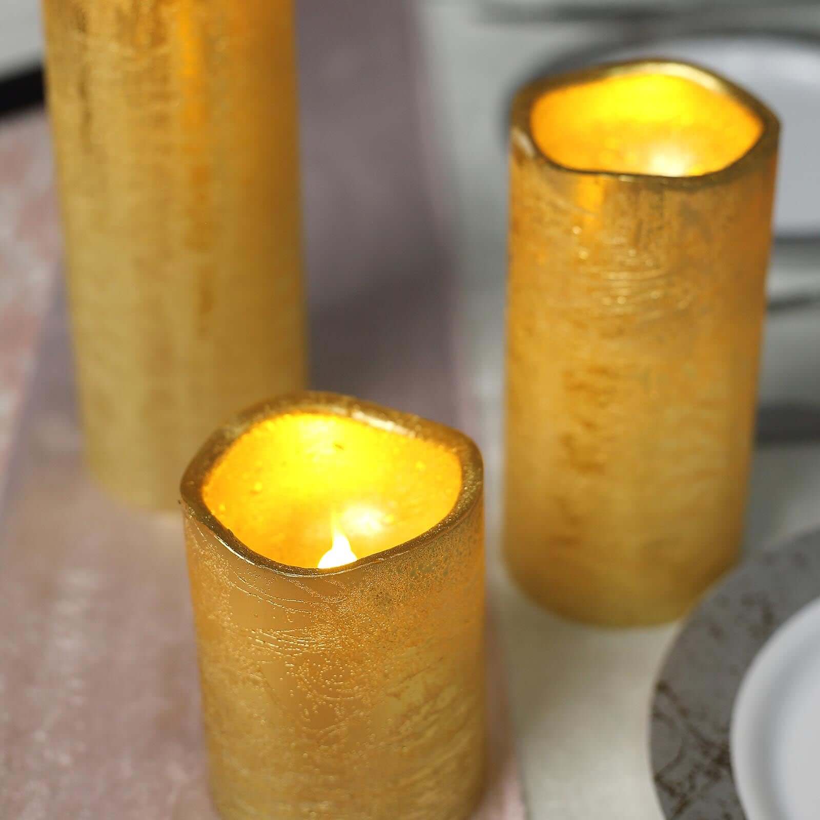 Set of 3 LED Flameless Pillar Candles Remote Operated Metallic Gold - Battery Powered 4", 6", 8"