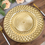6-Pack Plastic Round Charger Plates 13" in Gold with Diamond Pattern, Sparkling Disposable Dinner Charger Tableware