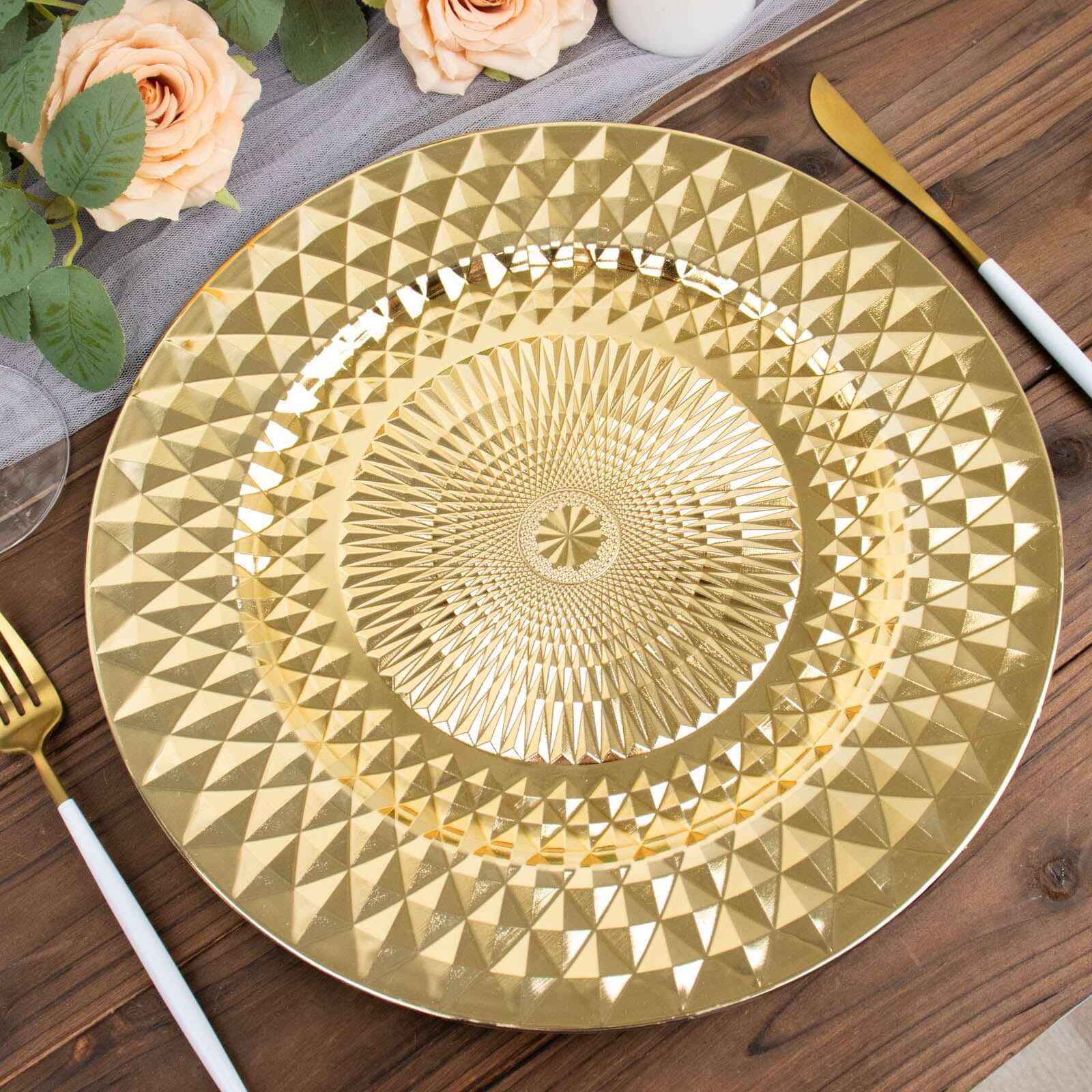 6-Pack Plastic Round Charger Plates 13" in Gold with Diamond Pattern, Sparkling Disposable Dinner Charger Tableware