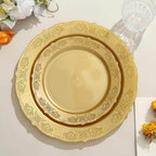 10-Pack Plastic 7.5" Round Appetizer Plates Gold Embossed Scalloped Edge - Chic Disposable Salad Plates for Special Occasions & Banquets
