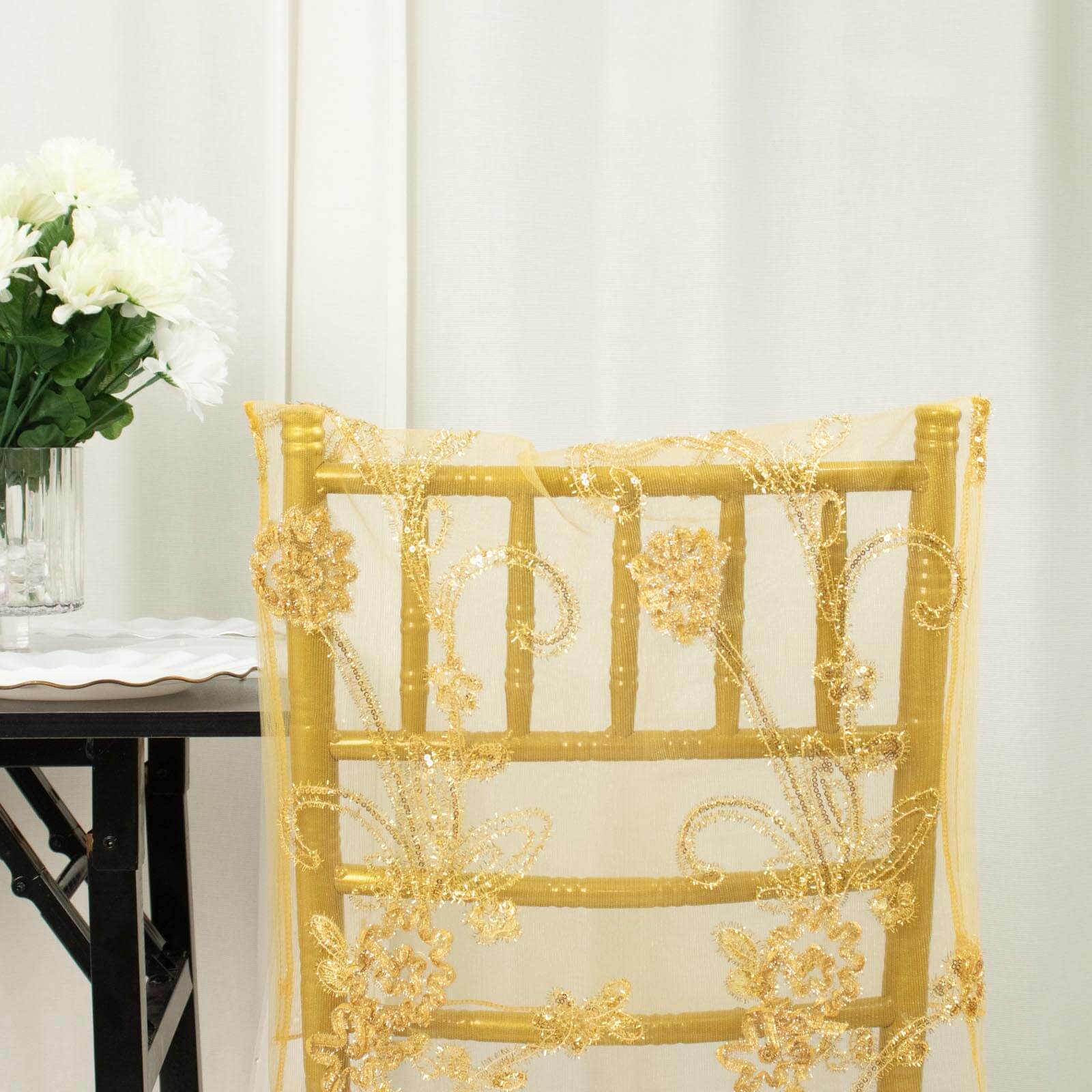 Organza Chiavari Chair Slipcover with Floral Sequin Embroidery Gold - Lace Chair Back Cover