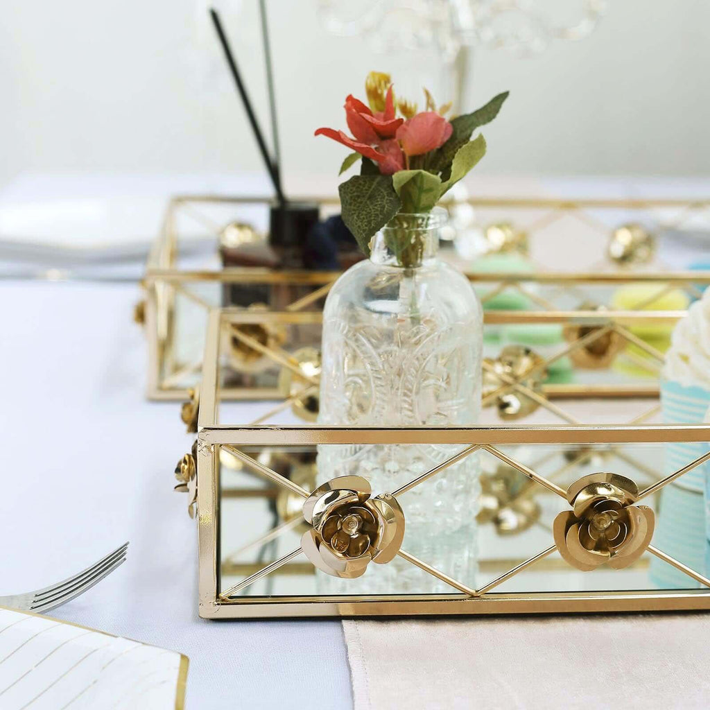 Set of 2 Metal Mirrored Rectangle Serving Trays in Gold with Rose Borders, Glamorous Decorative Vanity Tray Centerpiece 15"x8", 19"x12"