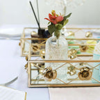 Set of 2 Metal Mirrored Rectangle Serving Trays in Gold with Rose Borders, Glamorous Decorative Vanity Tray Centerpiece 15"x8", 19"x12"