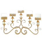5-Arm Metal Table Candelabra Antique Gold Crown Top Design - Stylish Horizontal Table Centerpiece with Glass Votive Holders 18"