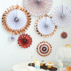 Set of 8 Gold Rose Gold Hanging Paper Fan Decorations, Pinwheel Wall Backdrop Party Kit - 4", 8", 12"