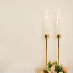 2-Pack Gold Metal Taper Candlestick Holders, Clear Glass Hurricane Candle Stands With Chimney Candle Shades 24"