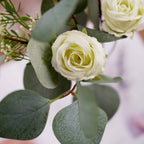 15" Ivory Artificial Silk Rose and Eucalyptus Flower Bouquet Arrangement
