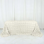 Satin 90"x132" Rectangle Tablecloth Ivory - Grandiose 3D Rosette Seamless Table Cover