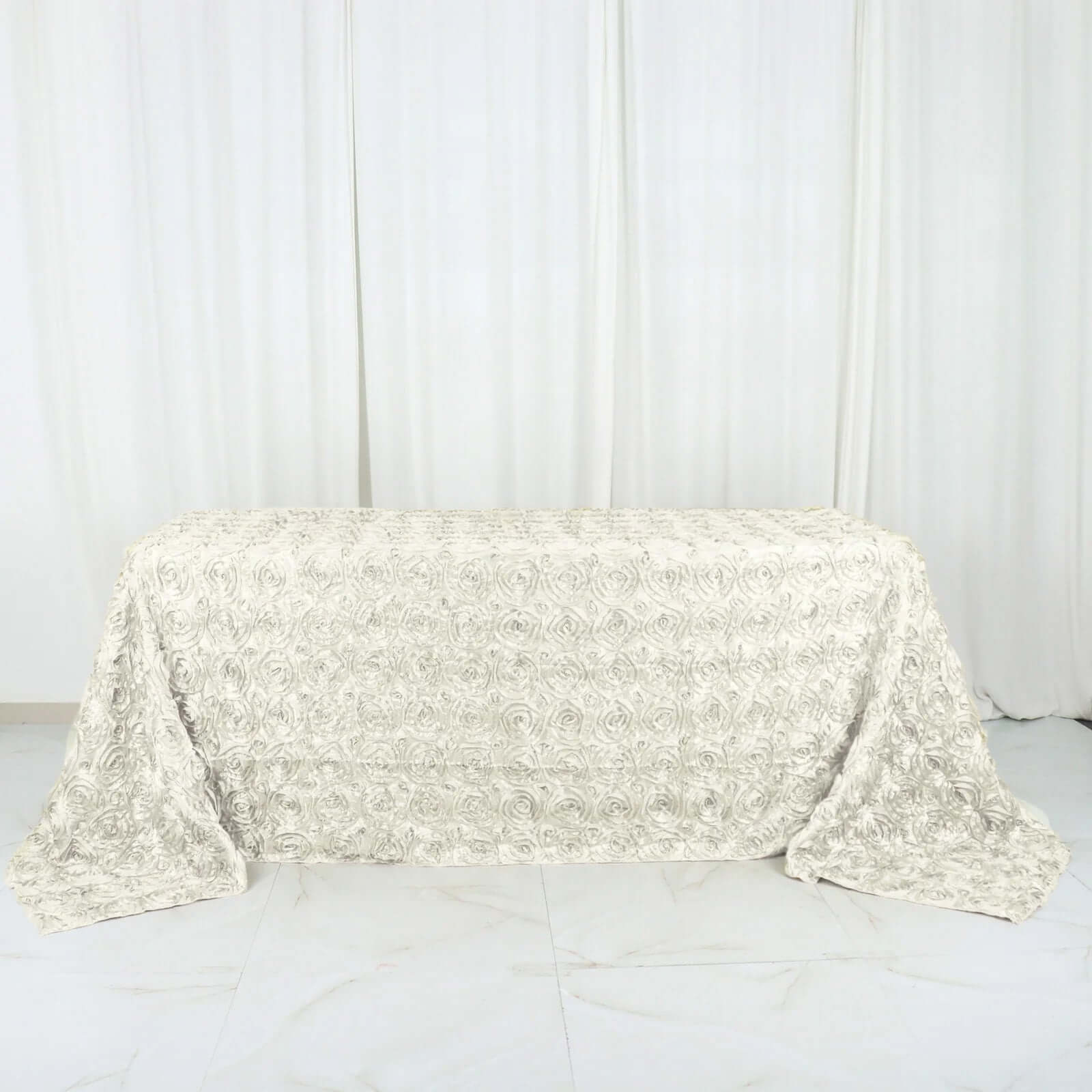 Satin 90"x132" Rectangle Tablecloth Ivory - Grandiose 3D Rosette Seamless Table Cover