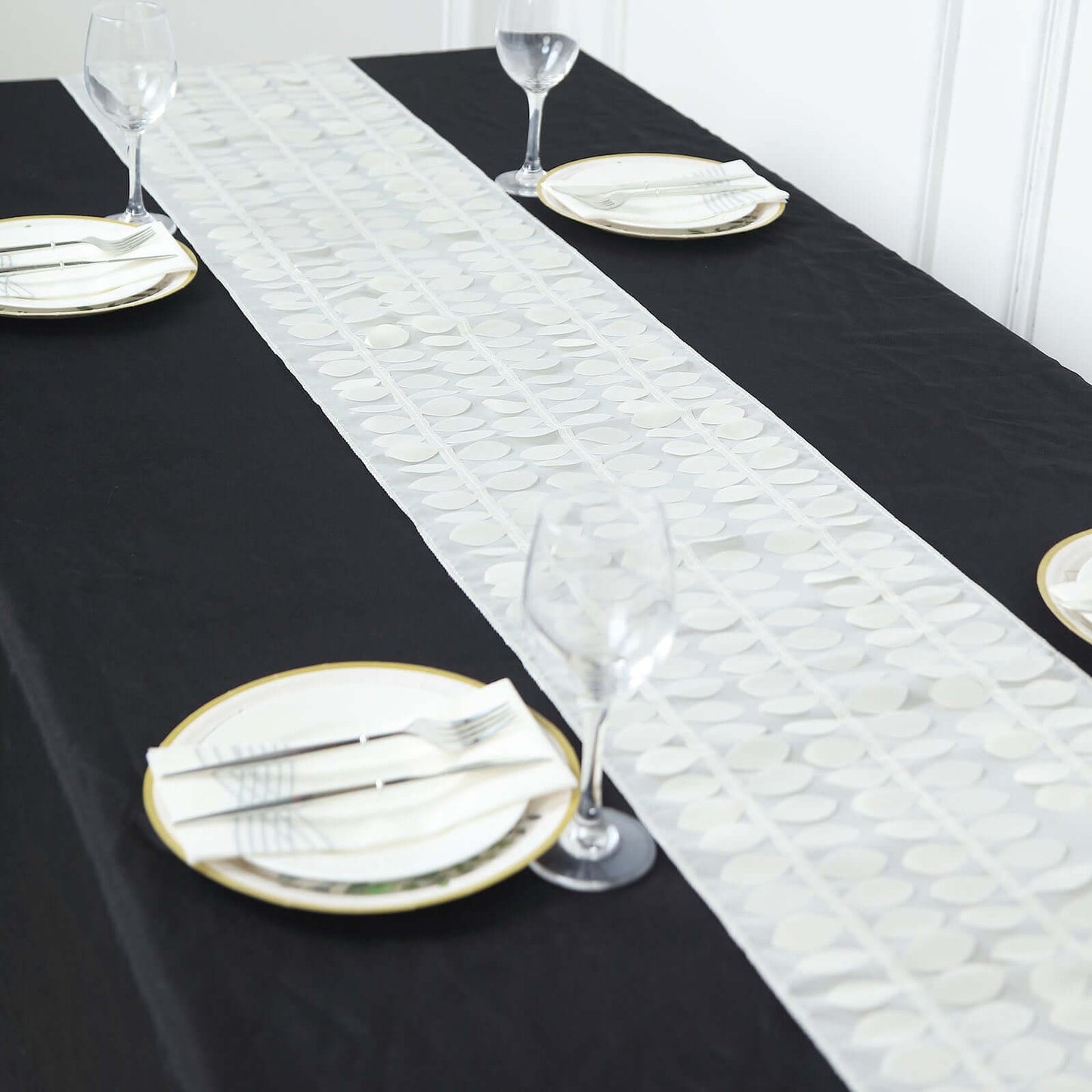 Taffeta Fabric 12"x108" Table Runner Ivory - 3D Leaf Petal Design