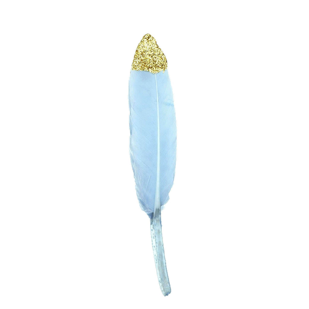 30-Pack Turkey Feathers Craft Feathers Glitter Gold Tip Light Blue - Decorative Feathers for DIY Party Projects