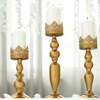 Set of 3 Lace Hurricane Candle Holders Antique Gold with Glass Shades - Chic Pillar Candle Stands 12", 14", 17"