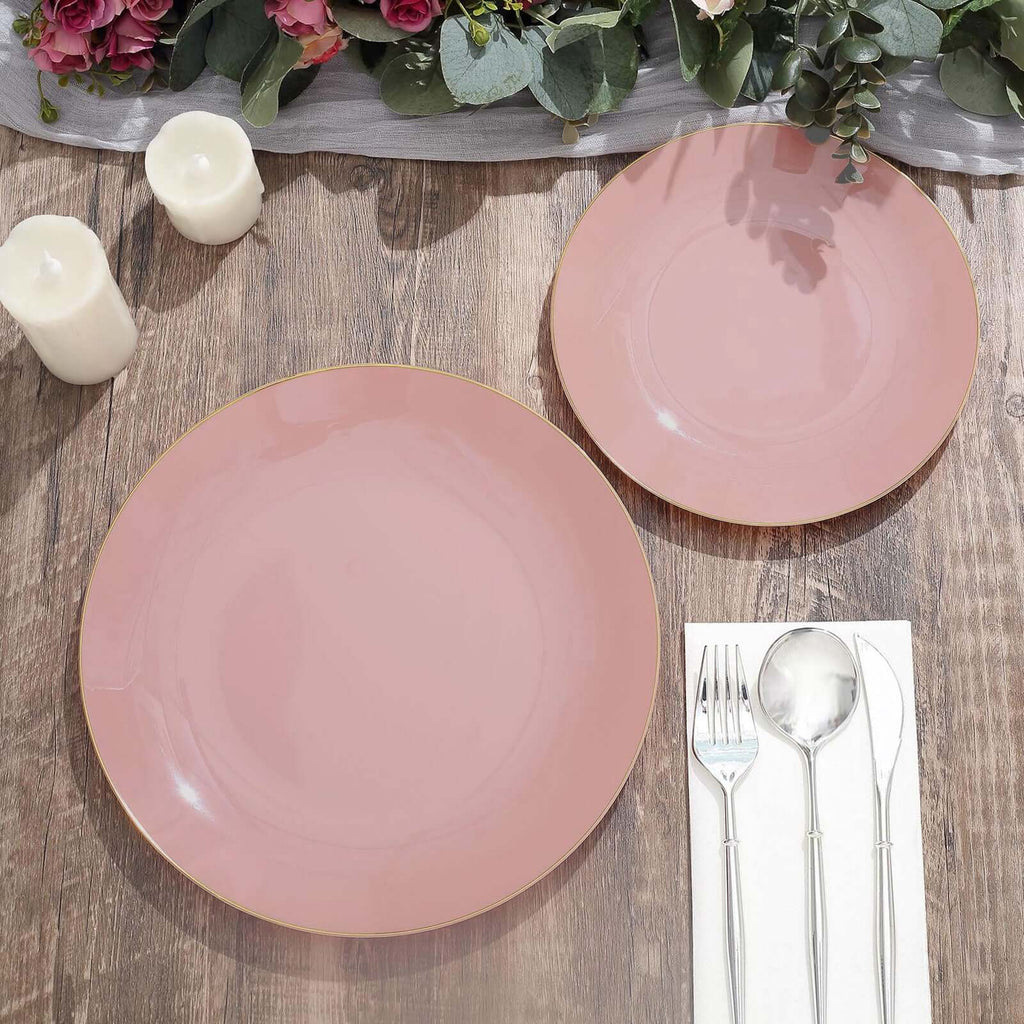 10-Pack Plastic 8" Round Dessert Plates in Dusty Rose with Gold Rim - Glossy Disposable Appetizer Salad Plates
