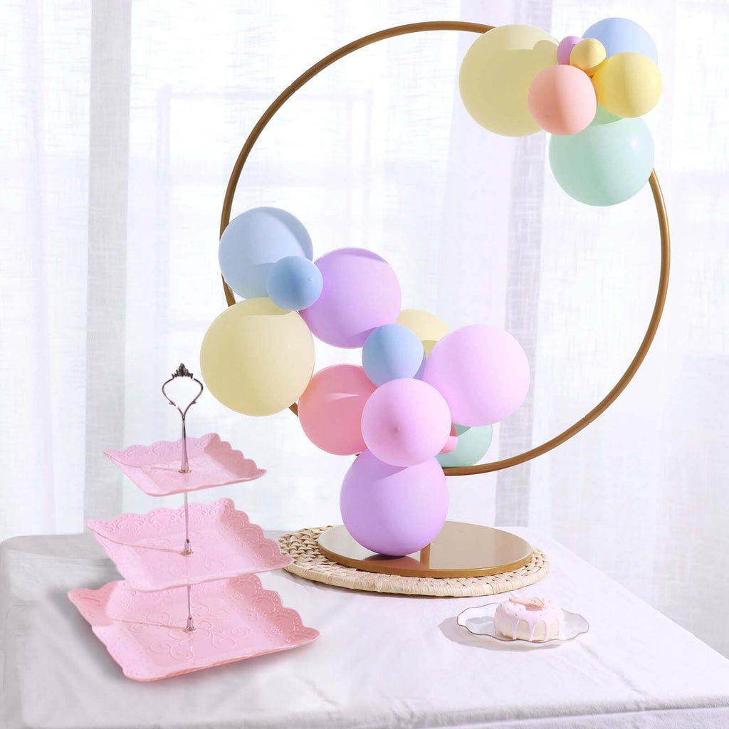 3-Tier Plastic Square Cupcake Stand Tower Pink - Charming Easy to Assemble Dessert Display Serving Tray Platter with Floral Embossed Scalloped Rim & Silver Handle for Tea Parties Weddings & Special Occasions 13"