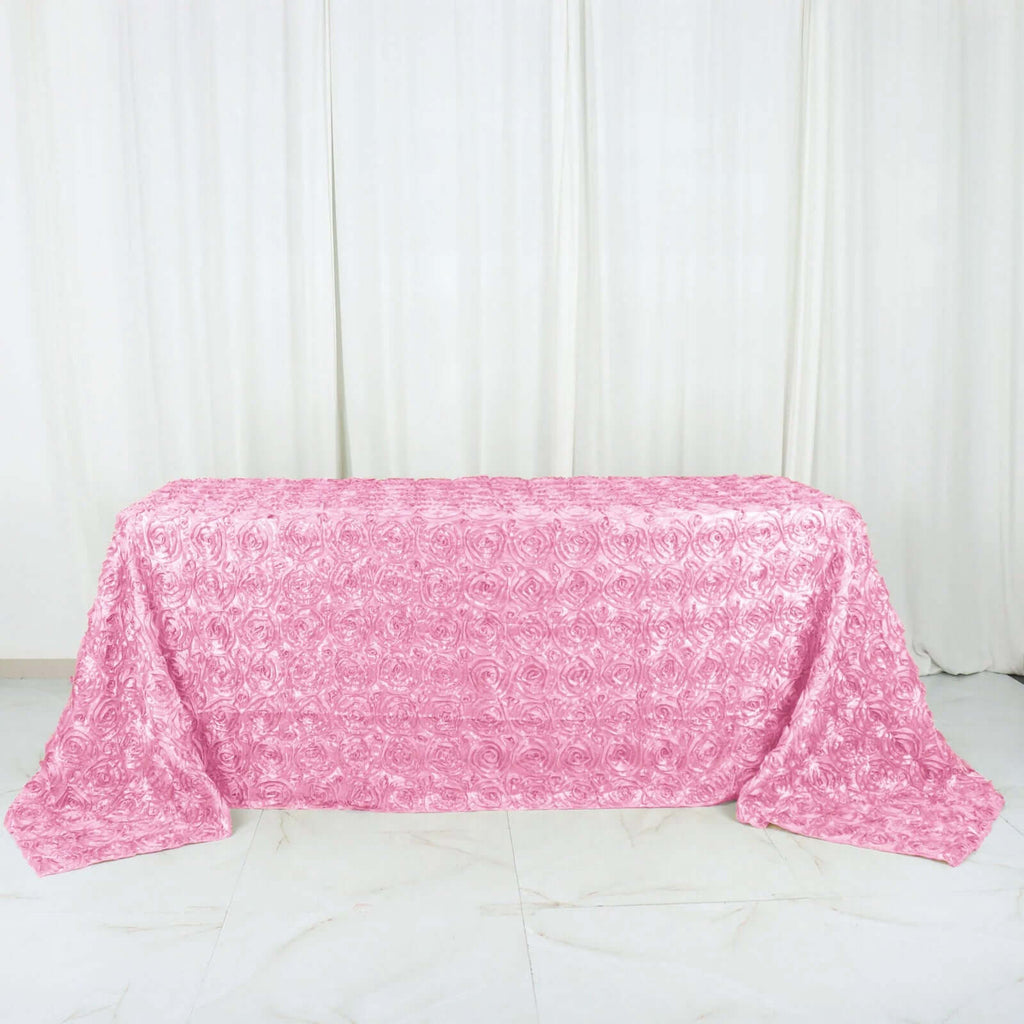 Satin 90"x132" Rectangle Tablecloth Pink - Grandiose 3D Rosette Seamless Table Cover