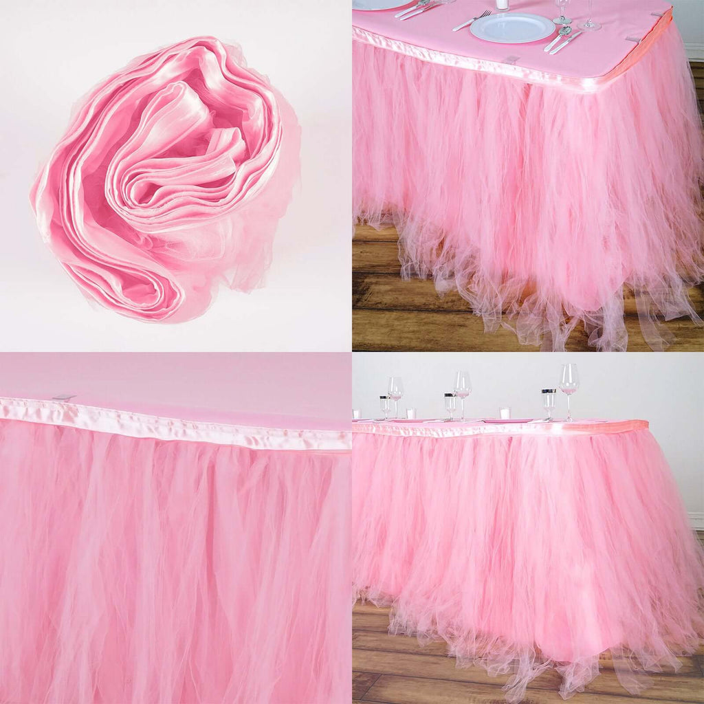 Tulle 21ft Table Skirt Pink/Rose Quartz - 4 Layer Pleated Tutu Table Cover