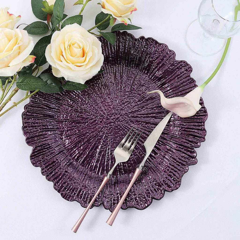 6-Pack Acrylic Plastic Round Charger Plates 13" in Purple with Reef Design, Dinner Charger Tableware