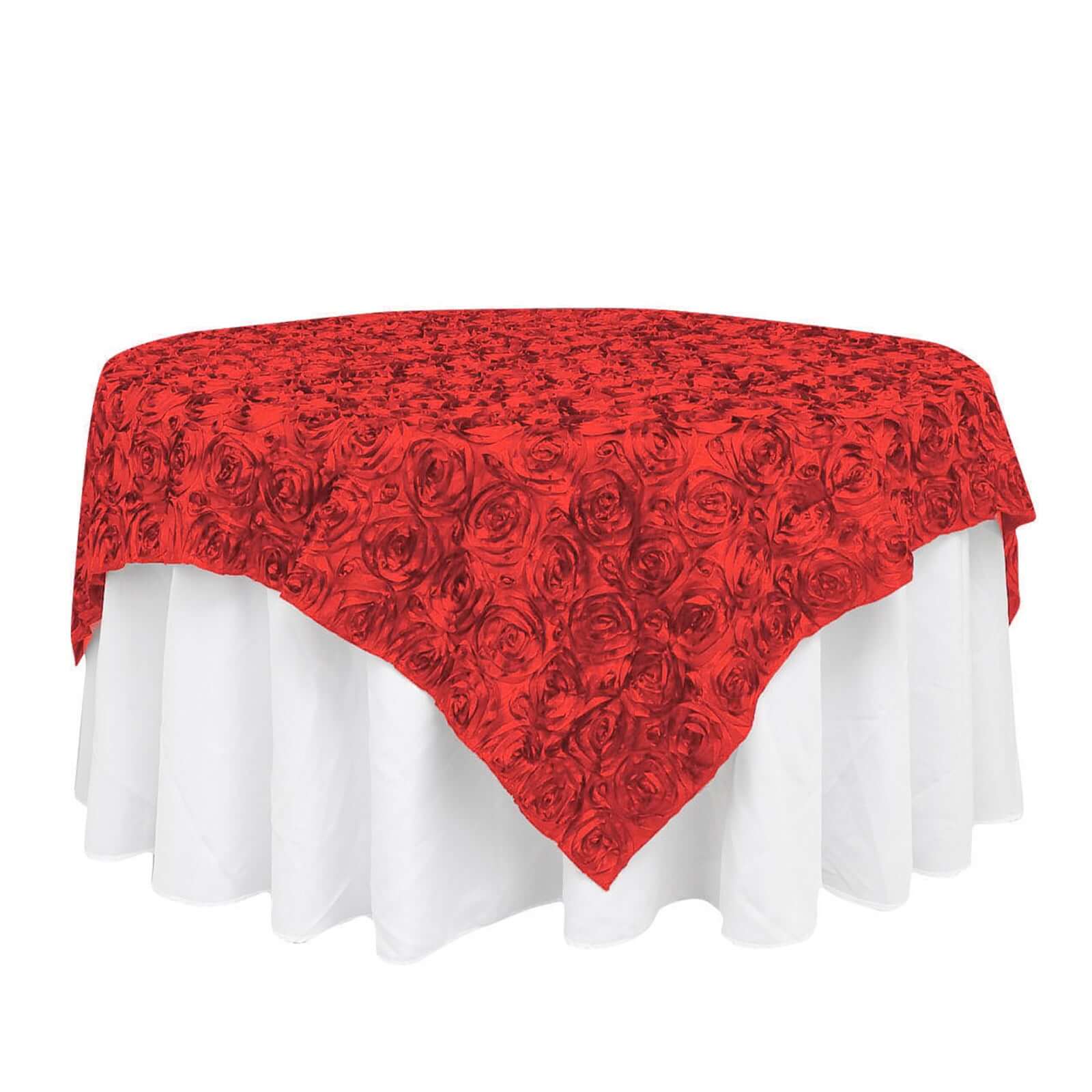 Satin 72"x72" Table Overlay Square Tablecloth Red - 3D Rosette Table Cover