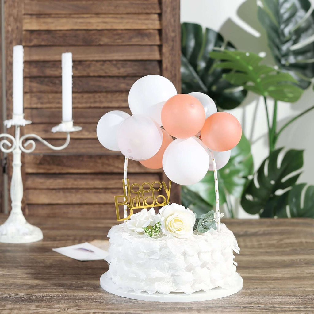 11 Pcs Balloon Cake Topper Clear, Rose Gold and White - Whimsical Clustered Mini Garland Cake Inserts DIY Party Decorations