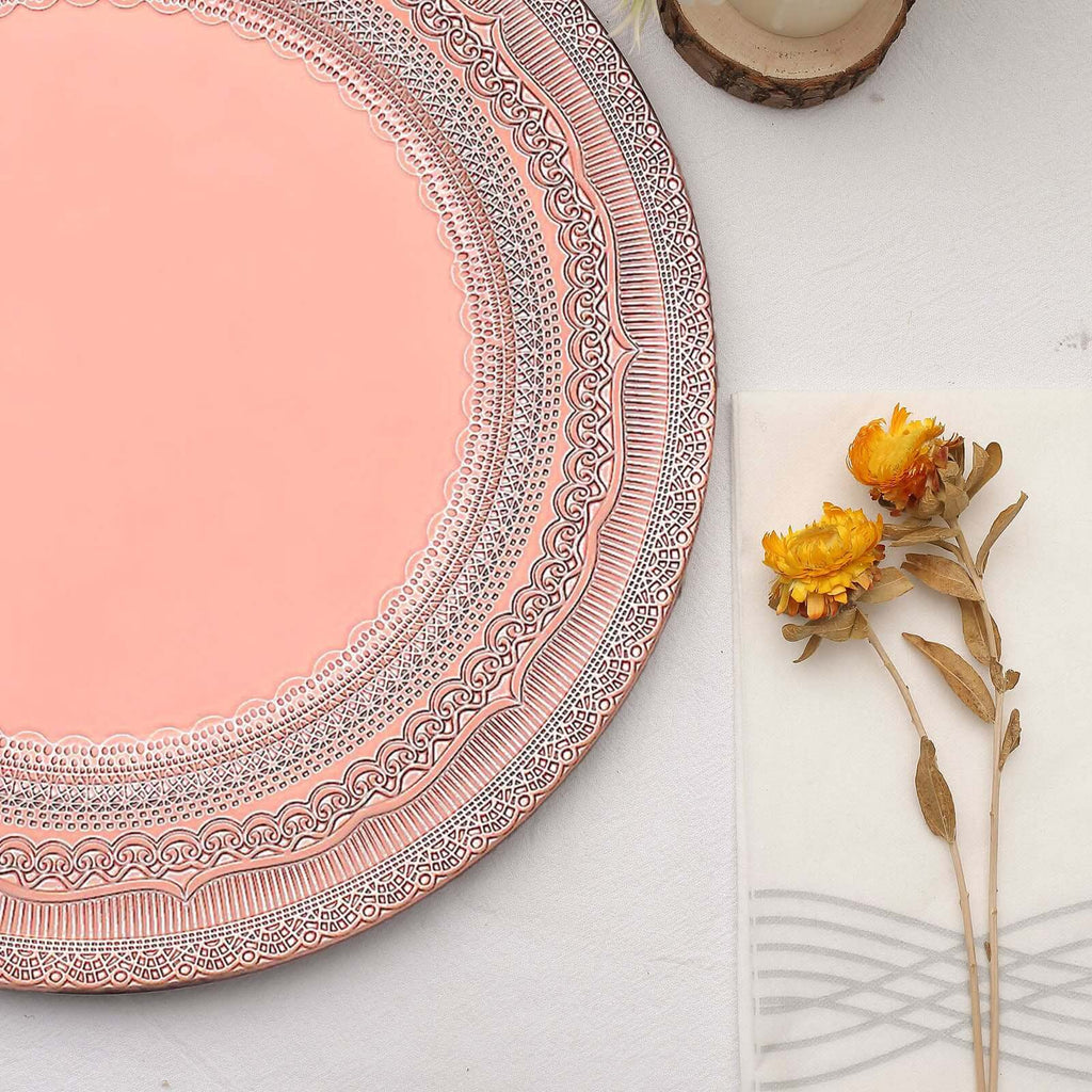 6-Pack Acrylic Round Charger Plates 13" in Rose Gold with Lace Embossed Rim, Rustic Plastic Decorative Charger Tableware