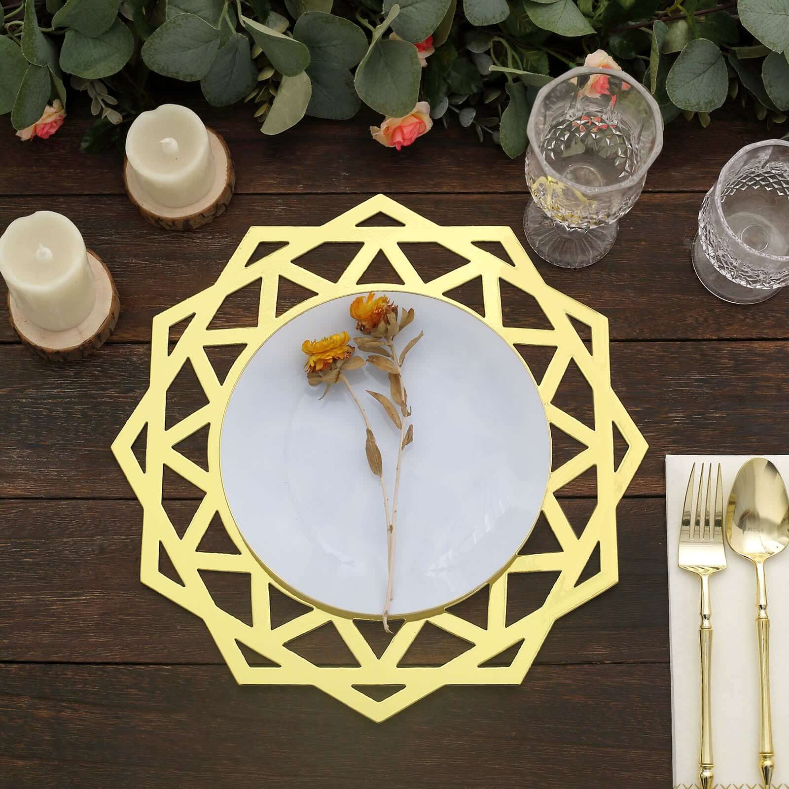 6-Pack Disposable Table Placemats in Metallic Gold Laser Cut Geometric Star Design - 700GSM Cardboard Placemats for Glamorous Table Settings 13"
