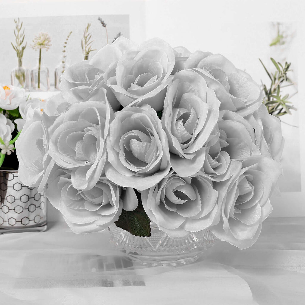 12" Silver Artificial Velvet-Like Fabric Rose Flower Bouquet Bush
