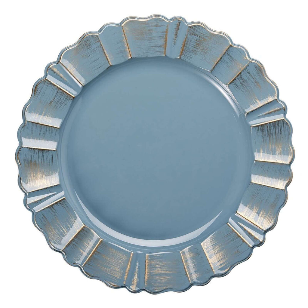 6-Pack Acrylic Plastic Round Charger Plates 13" in Dusty Blue with Gold Brushed Wavy Scalloped Rim, Decorative Dinner Party Charger Tableware
