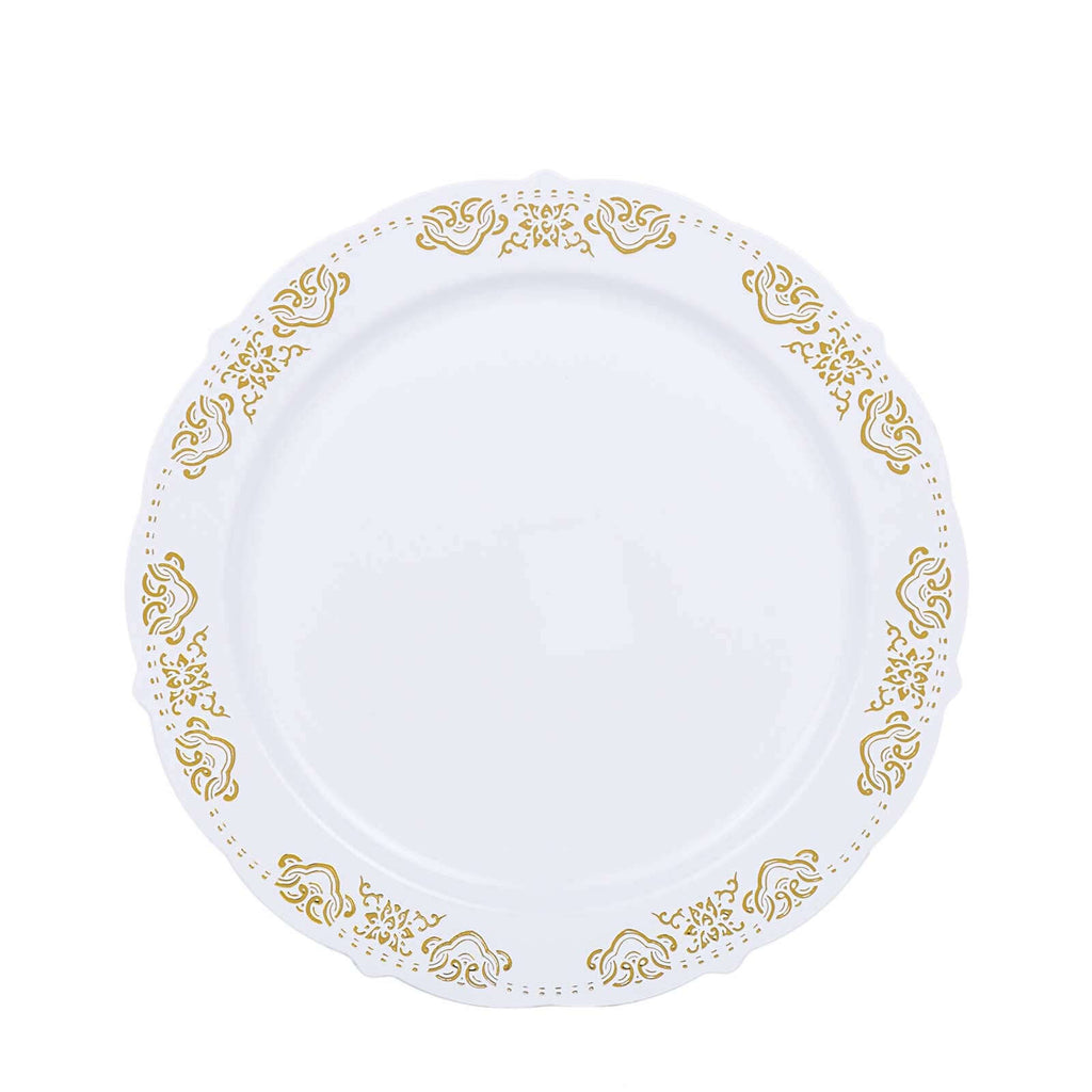 10-Pack Plastic 10" Round Dinner Plates in White with Gold Embossed Scalloped Edge - Chic Disposable Party Plates for Special Occasions & Banquets