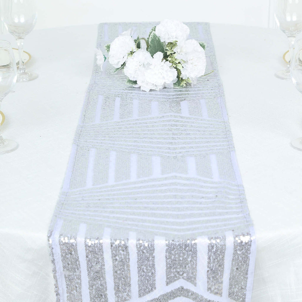 Sequin 12"x108" Table Runner Silver - Diamond Glitz Design