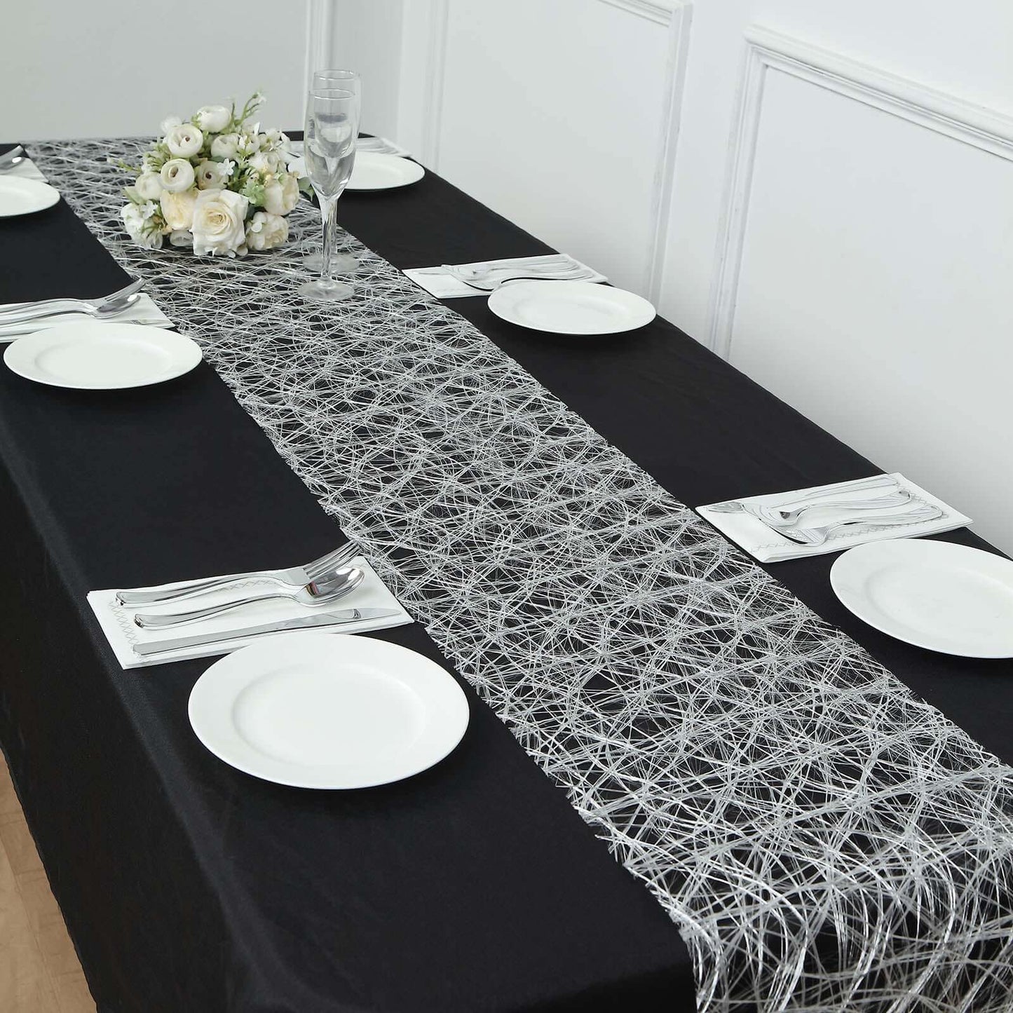 Polyester 12"x108" Table Runner Metallic Silver Disposable Non-Woven Fiber Roll - Stylish & Chic Table Decor