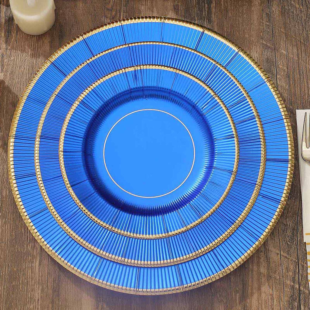 25-Pack Paper 8" Round Dessert Plates in Royal Blue Sunray Design with Gold Rim - Disposable Heavy Duty 350GSM Appetizer Salad Plates