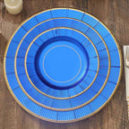 25-Pack Paper 8" Round Dessert Plates in Royal Blue Sunray Design with Gold Rim - Disposable Heavy Duty 350GSM Appetizer Salad Plates