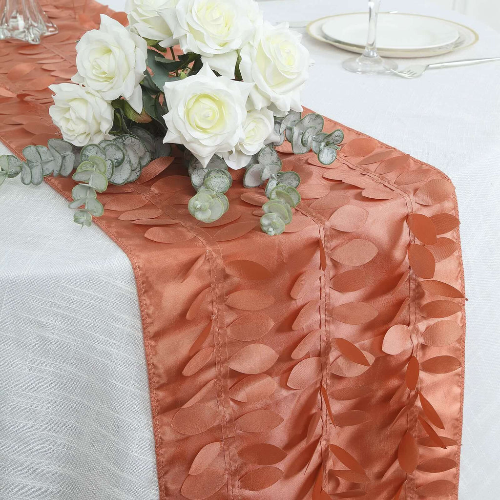 Taffeta Fabric 12"x108" Table Runner Terracotta (Rust) - 3D Leaf Petal Design