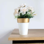2-Pack Flower Plant Pots Medium Design White with Gold Rim - Plastic Indoor Decorative Planters 6"