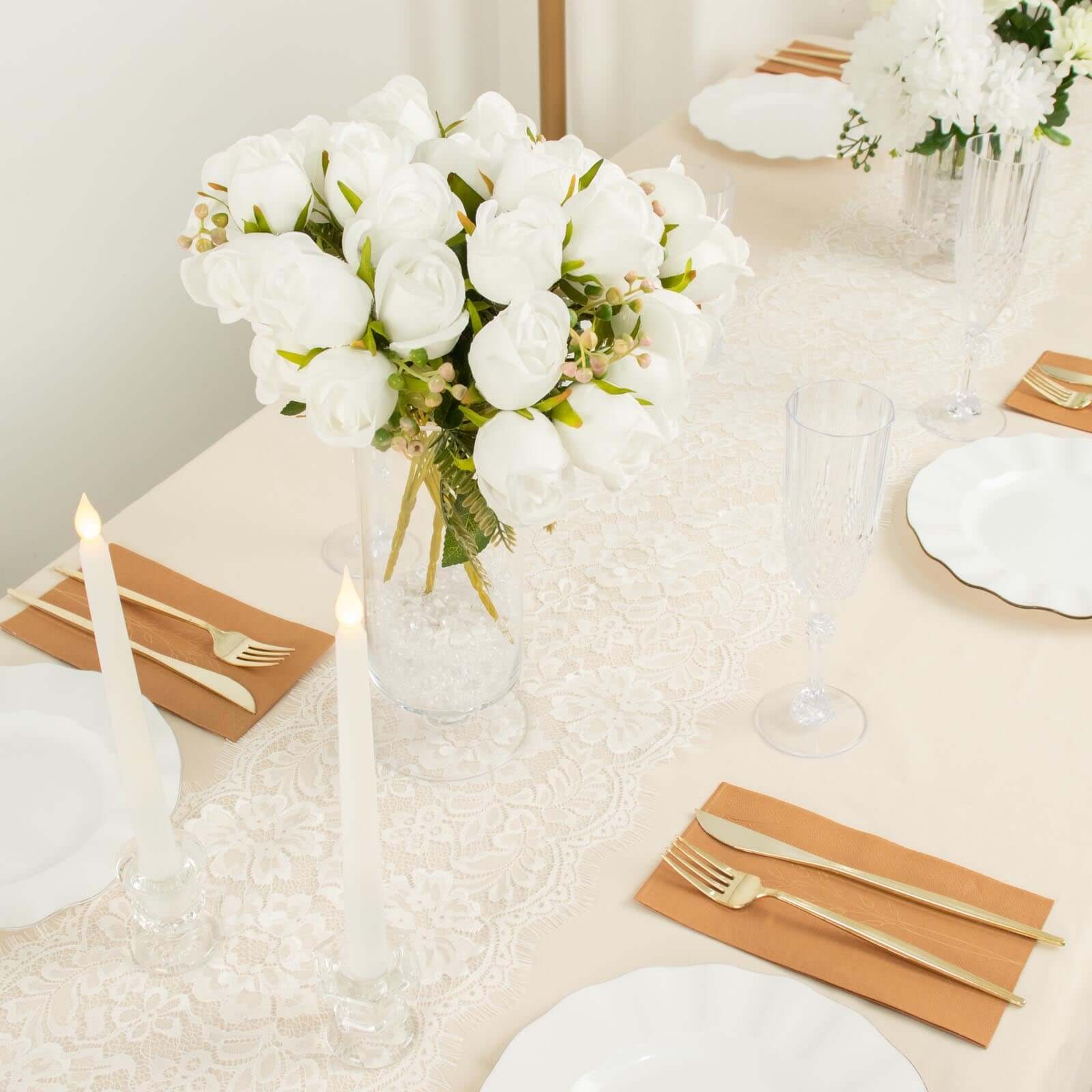 3 Pack 13" White Real Touch Silk Rose Bud Flower Bridal Bouquets, Artificial Floral Bush Arrangements