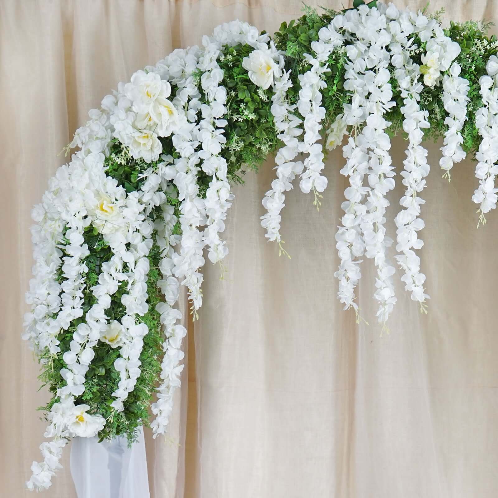 42" Silk Hanging Wisteria Flower Garland Vines in White, Elaborated 5 Full Strands in 1 Bush
