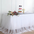 Extra Long Tulle 17ft Table Skirt White with Satin Edge - Table Cover for Baby Showers & Events