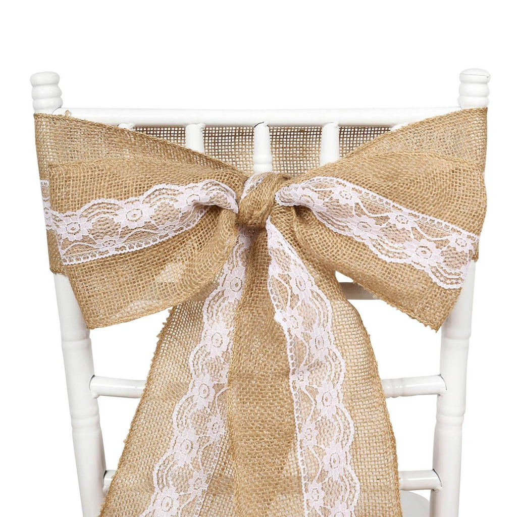 Natural Burlap Chair Sash 5"x108" with Lace Hessian Jute - Rustic Bow Design for Weddings & Gatherings