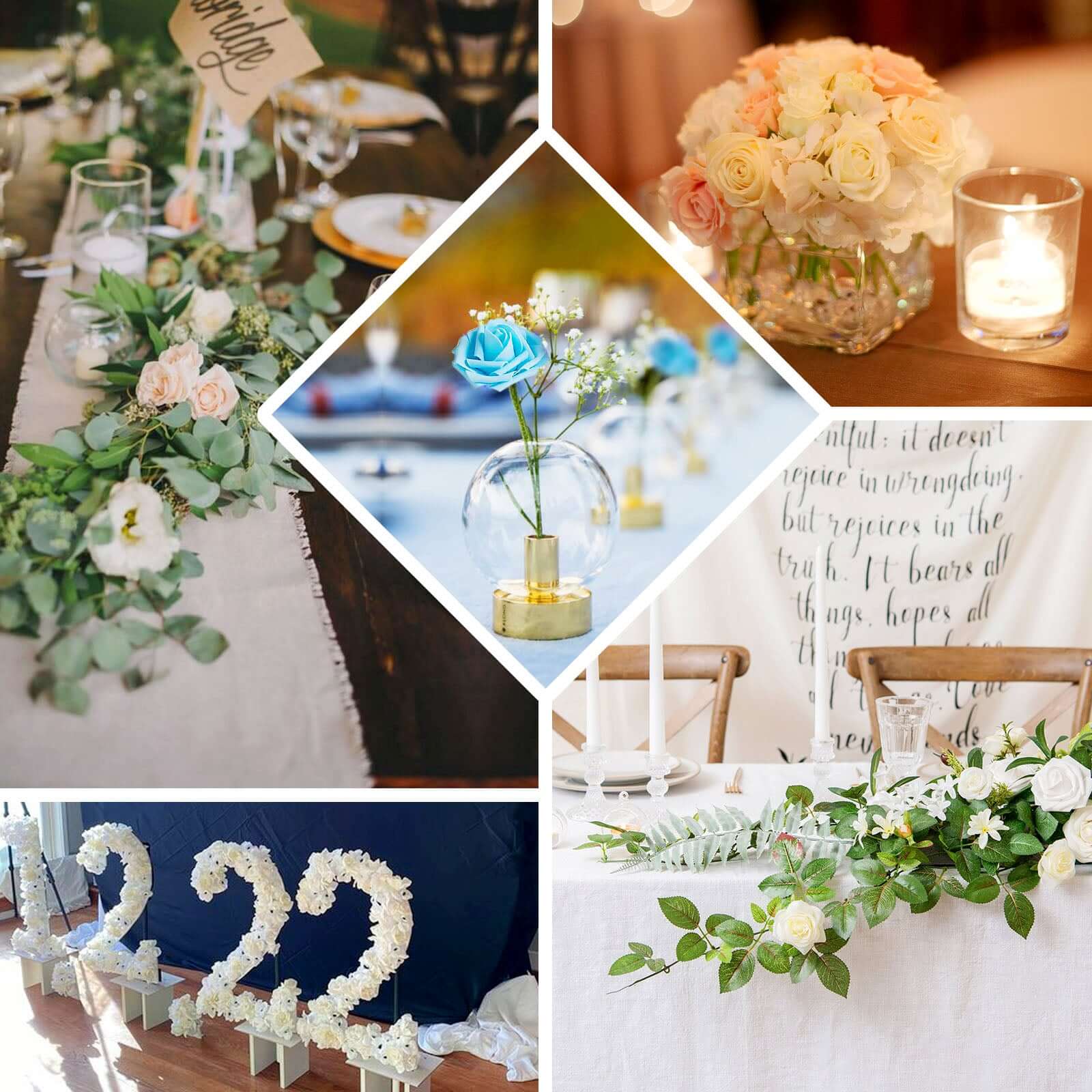 24 Roses 2" Cream Artificial Foam Flowers With Stem Wire and Leaves