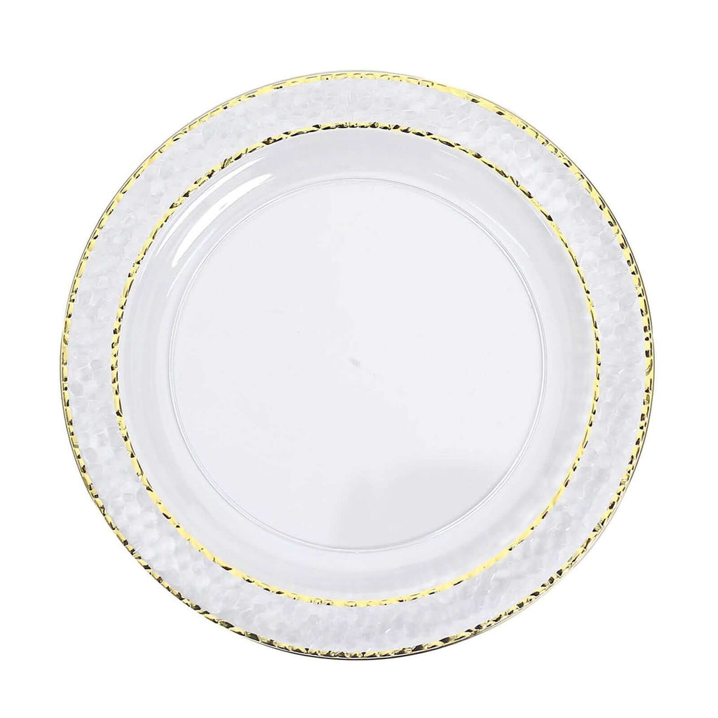 10-Pack Plastic 7.5" Round Appetizer Plates in Clear Hammered Design with Gold Rim - Disposable Salad Plates for Chic Banquets & Special Occasions