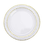 10-Pack Plastic 7.5" Round Appetizer Plates in Clear Hammered Design with Gold Rim - Disposable Salad Plates for Chic Banquets & Special Occasions